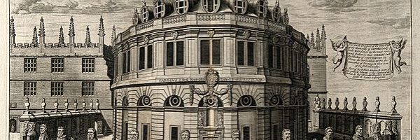 Sheldonian Theatre, Oxford: perspective view with the Bodleian Library. Line engraving by D. Loggan, after Sir C. Wren.